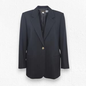 Vintage 90s Black Wool Blazer USA Made Crest Single Button Jacket Size 14